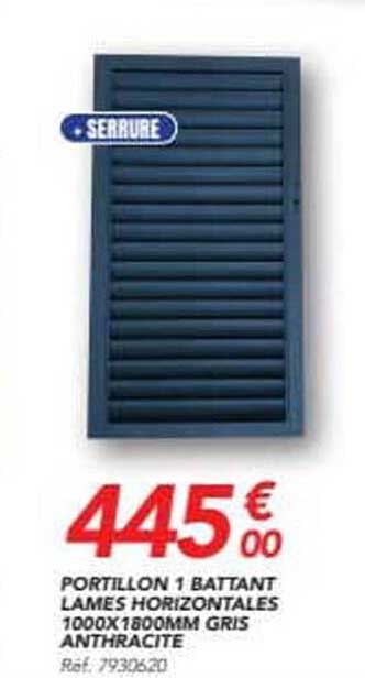 PORTILLON 1 BATTANT LAMES HORIZONTALES 1000X1800MM GRIS ANTHRACITE