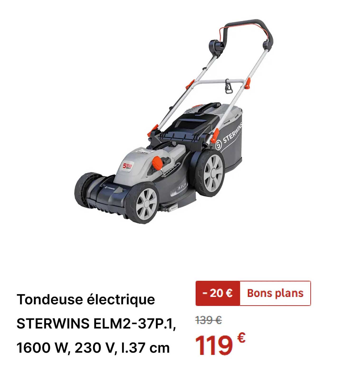 Tondeuse électrique STERWINS ELM2-37P.1, 1600 W, 230 V, l.37 cm