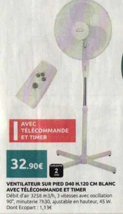 VENTILATEUR SUR PIED D40 H.120 CM BLANC AVEC TÉLÉCOMMANDE ET TIMER