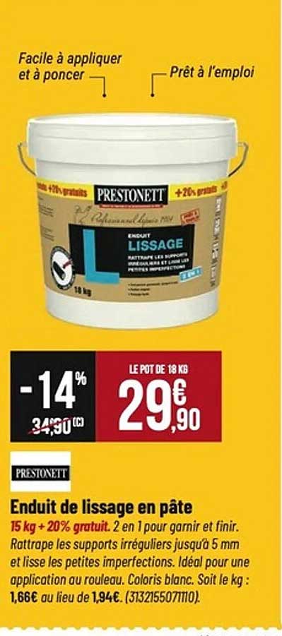 Enduit de lissage en pâte - 15 kg + 20% gratuit.