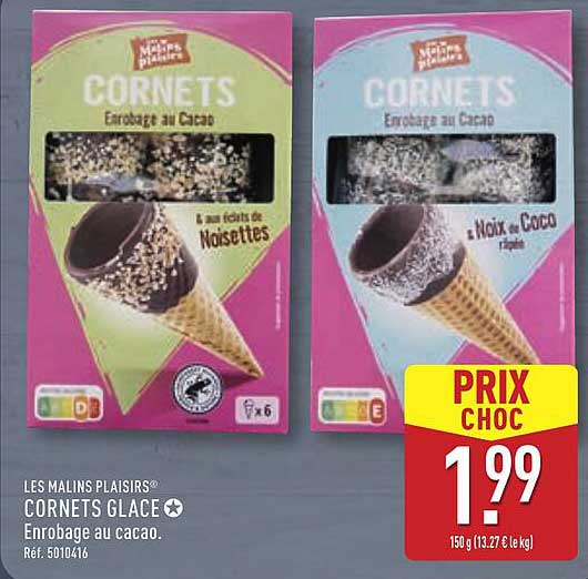 LES MALINS PLAISIRS® CORNETS GLACE - Enrobage au cacao.