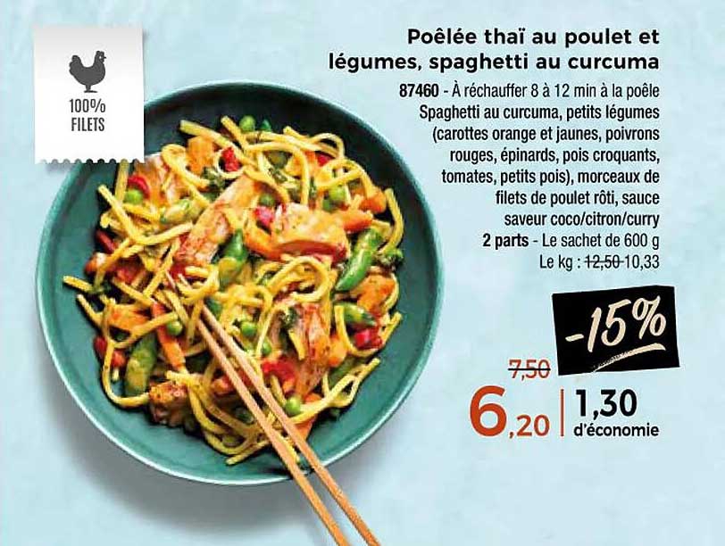Poêlée thaï au poulet et légumes, spaghetti au curcuma
