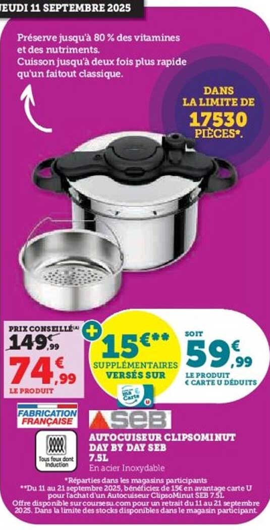 AUTOCUISEUR CLIPSOMINUT DAY BY DAY SEB 7.5L