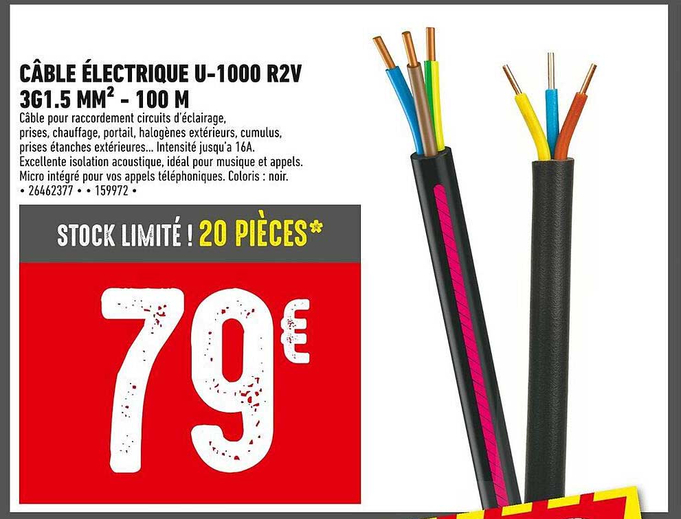 CÂBLE ÉLECTRIQUE U-1000 R2V 3G1.5 MM² - 100 M