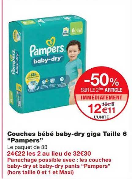 Couches bébé baby-dry giga Taille 6 “Pampers”