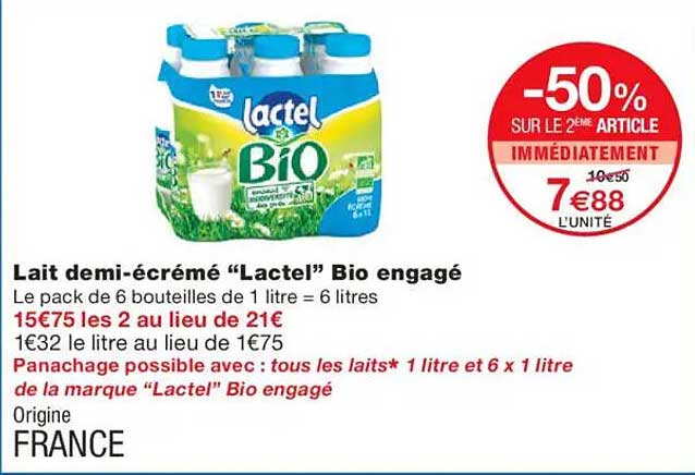 Lait demi-écrémé "Lactel" Bio engagé