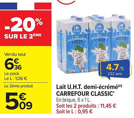 Lait U.H.T. demi-écrémé CARREFOUR CLASSIC’