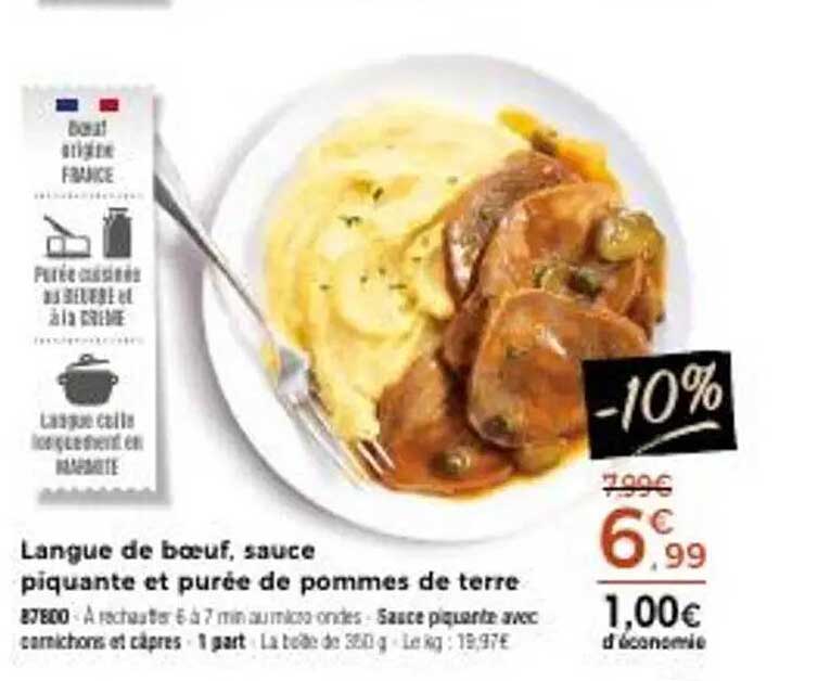 Langue de bœuf, sauce piquante et purée de pommes de terre