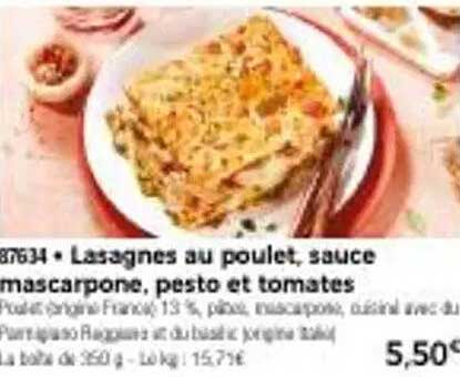 Lasagnes au poulet, sauce mascarpone, pesto et tomates