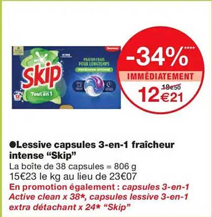Lessive capsules 3-en-1 fraîcheur intense “Skip”