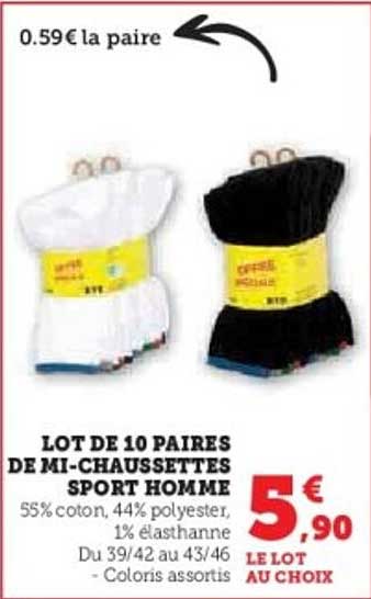 LOT DE 10 PAIRS DE MI-CHAUSSETTES SPORT HOMME