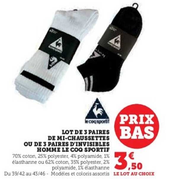 LOT DE 3 PAIRE DE MI-CHAUSSETTES OU 3 PAIRE D'INVISIBLE HOMME LE COQ SPORTIF
