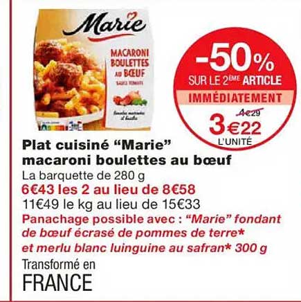 Plat cuisiné “Marie” macaronis boulettes au bœuf