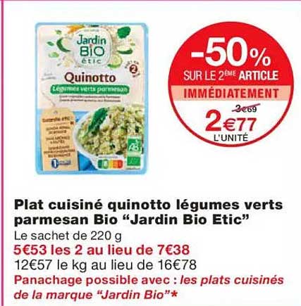 Plat cuisiné quinotto légumes verts parmesan Bio "Jardin Bio Etic"