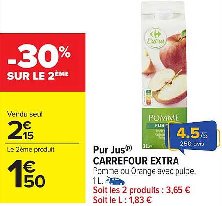 Pur Jus(P) CARREFOUR EXTRA Pomme ou Orange avec pulpe, 1 L