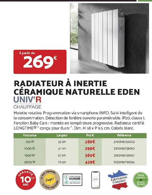 RADIATEUR À INERTIE CÉRAMIQUE NATURELLE EDEN UNIV’R