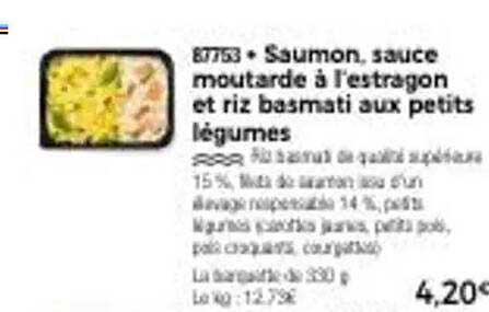Saumon, sauce moutarde à l'estragon et riz basmati aux petits légumes