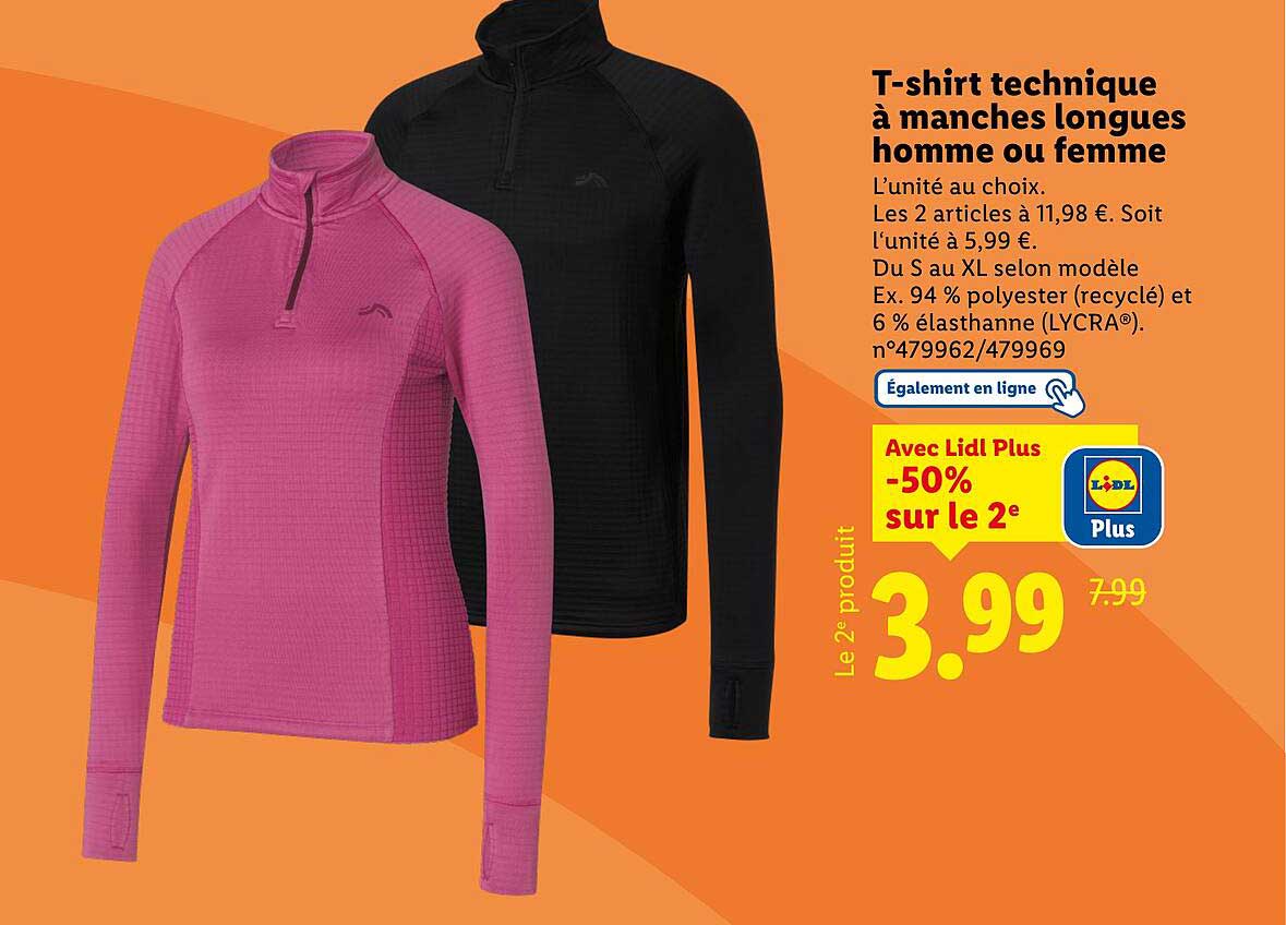 T-shirt technique à manches longues homme ou femme