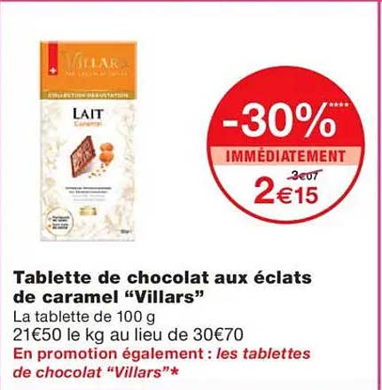 Tablette de chocolat aux éclats de caramel “Villars”