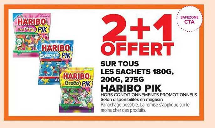 2+1 OFFERT SUR TOUS LES SACHETS 180G, 200G, 275G HARIBO PIK