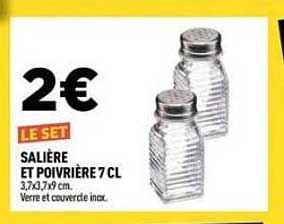 2€ LE SET SALIÈRE ET POIVRIÈRE 7 CL 3,7x3,7x9 cm. Verre et couvercle inox.