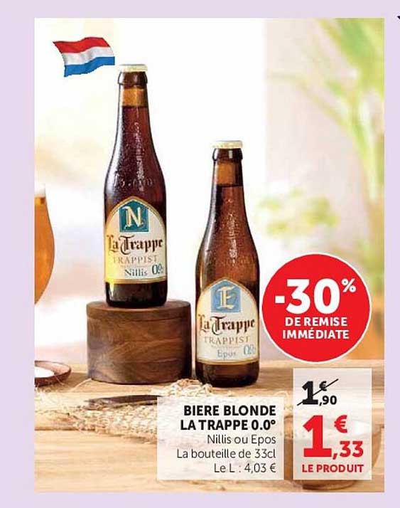 BIERE BLONDE LA TRAPPE 0.0° Nillis ou Epos La bouteille de 33cl Le L : 4,03 €