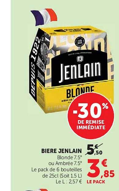 BIERE JENLAIN Blonde 7.5° ou Ambrée 7.5° Le pack de 6 bouteilles de 25cl (Soit 1.5 L)