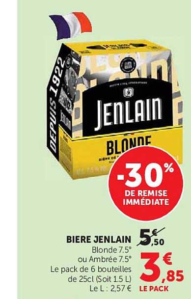 BIERE JENLAIN Blonde 7,5° ou Ambrée 7,5° Le pack de 6 bouteilles de 25cl (Soit 1,5 L)
