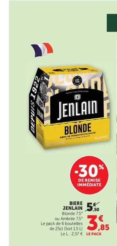 BIERE JENLAIN Blonde 7,5° ou Ambrée 7,5° Le pack de 6 bouteilles de 25cl (soit 1,5L)
