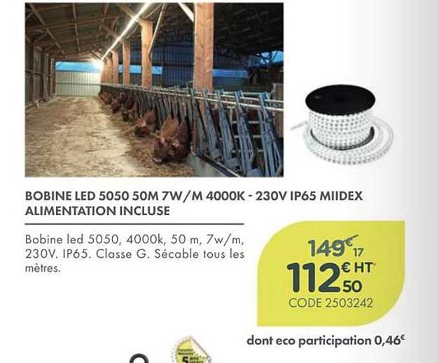 BOBINE LED 5050 50M 7W/M 4000K - 230V IP65 MIIDEX ALIMENTATION INCLUSE