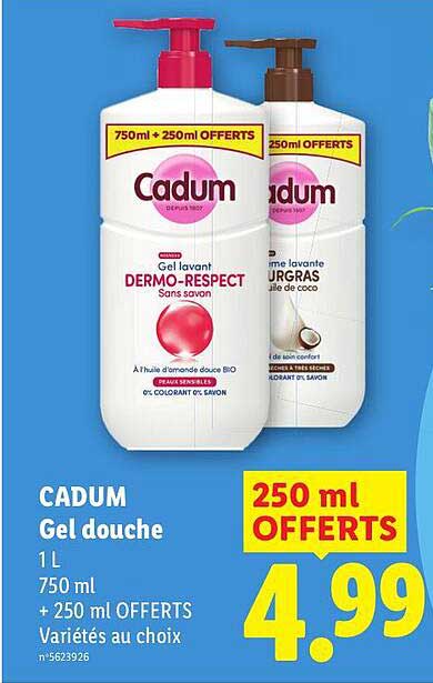 CADUM Gel douche 1L 750 ml + 250 ml OFFERTS Variétés au choix