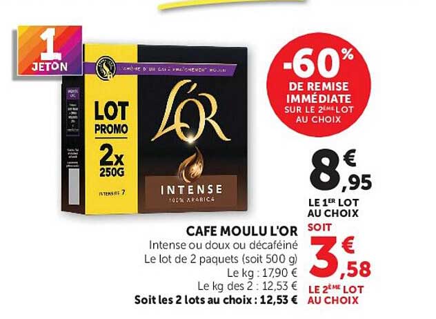 CAFE MOULU L'OR Intense ou doux ou décaféiné Le lot de 2 paquets (soit 500 g)
