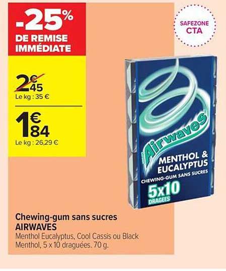 Chewing-gum sans sucres AIRWAVES Menthol Eucalyptus, Cool Cassis ou Black Menthol, 5 x 10 dragées. 70 g.