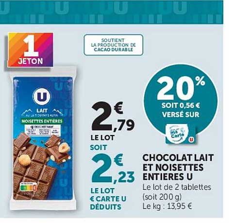 CHOCOLAT LAIT ET NOISETTES ENTIÈRES U