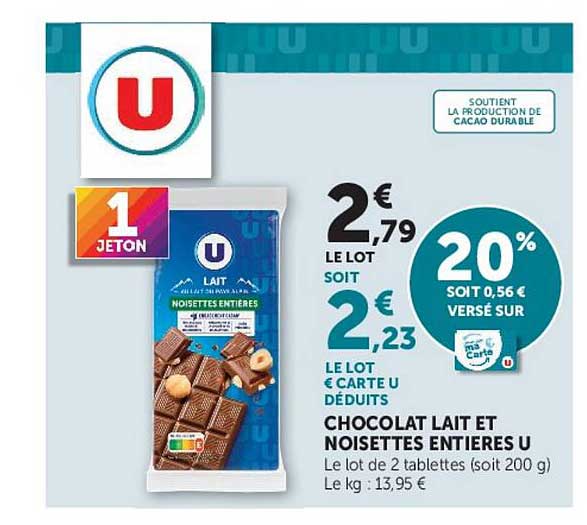 CHOCOLAT LAIT ET NOISETTES ENTIÈRES U