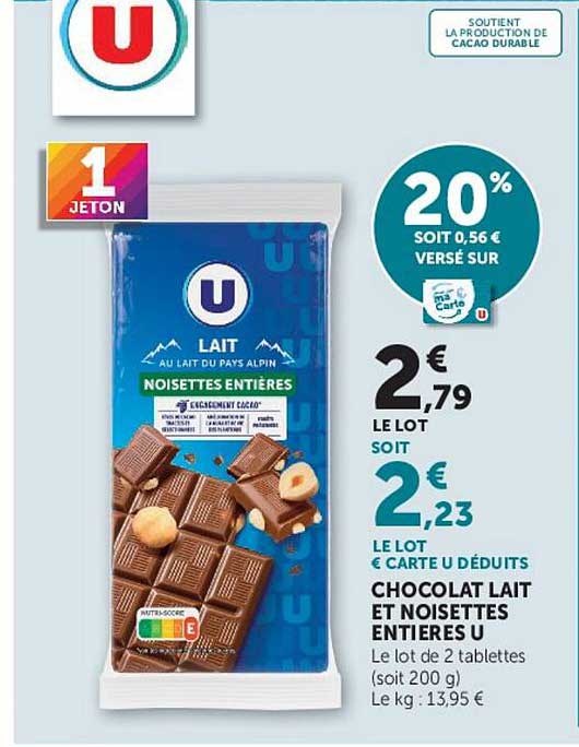 CHOCOLAT LAIT ET NOISETTES ENTIÈRES U