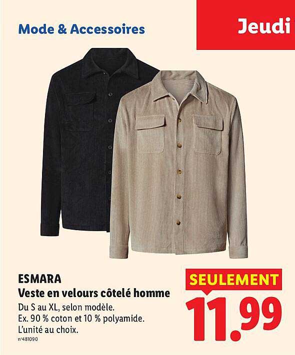 ESMARA Veste en velours côtelé homme