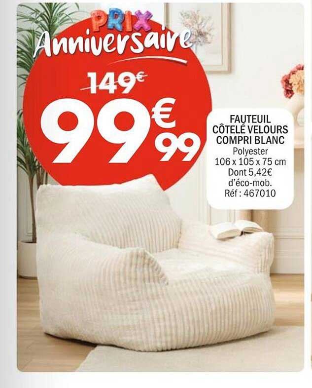 FAUTEUIL CÔTELE VELOURS COMPRI BLANC