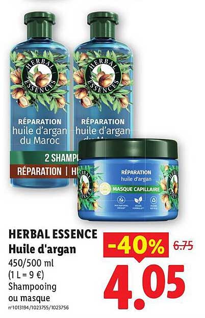 HERBAL ESSENCE Huile d'argan 450/500 ml (1 L = 9 €) Shampooing ou masque