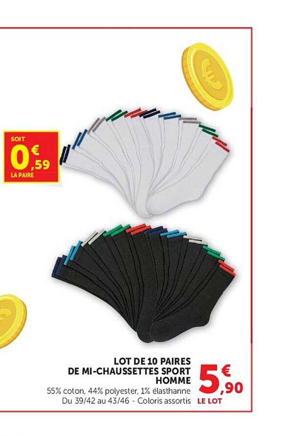 LOT DE 10 PAIRES DE MI-CHAUSSETTES SPORT HOMME