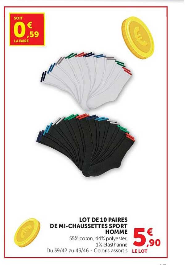LOT DE 10 PAIRES DE MI-CHAUSSETTES SPORT HOMME