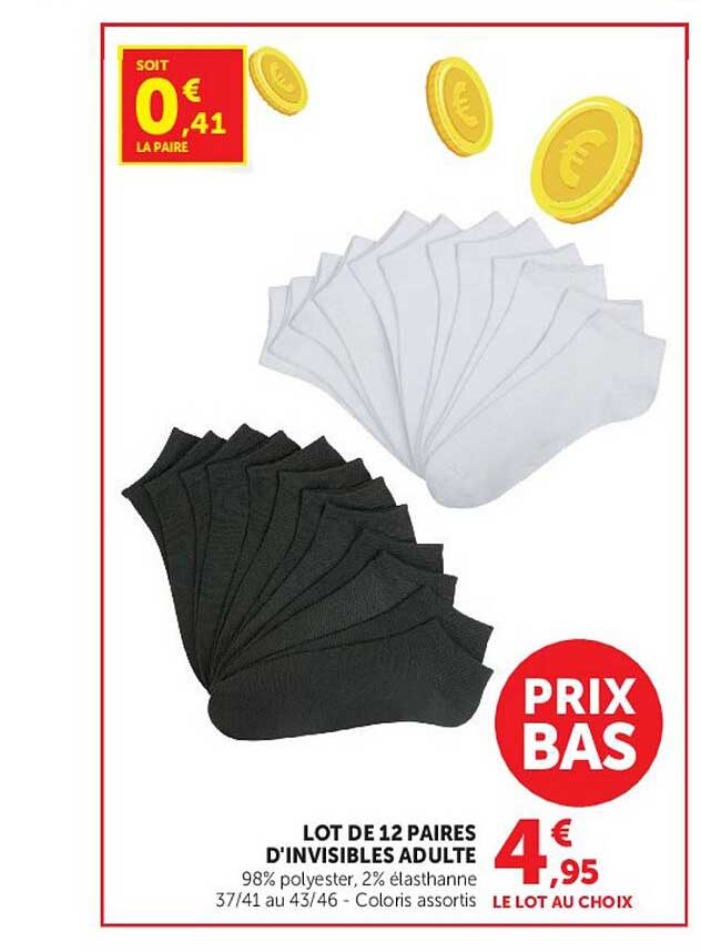 LOT DE 12 PAIRES D'INVISIBLES ADULTE