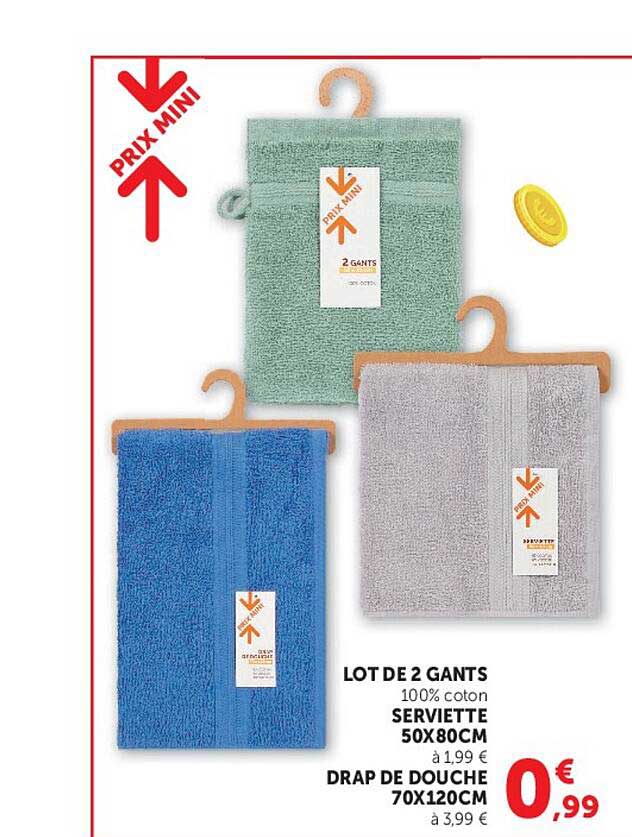 LOT DE 2 GANTS SERVIETTE 50X80CM DRAP DE DOUCHE 70X120CM