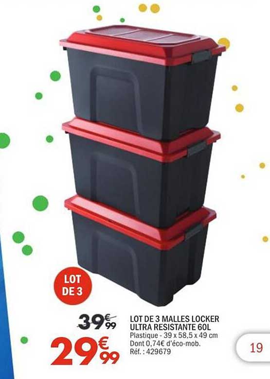 LOT DE 3 MALLES LOCKER ULTRA RESISTANTE 60L