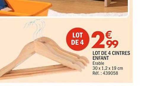 LOT DE 4 CINTRES ENFANT Erable 30 x 1,2 x 19 cm Réf. : 439058