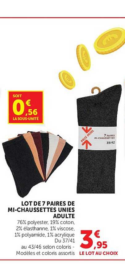 LOT DE 7 PAIRES DE MI-CHAUSSETTES UNIES ADULTE