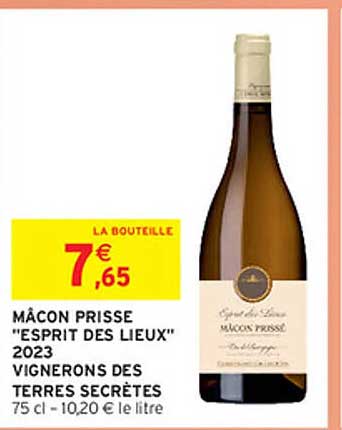 MÂCON PRISSE "ESPRIT DES LIEUX" 2023 VIGNERONS DES TERRES SECRETES 75 cl - 10,20 € le litre