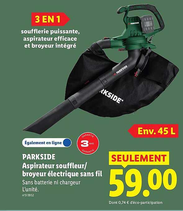 PARKSIDE Aspirateur souffleur/broyeur électrique sans fil