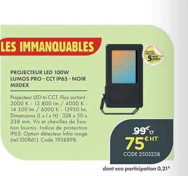 PROJECTEUR LED 100W LUMOS PRO - CCT IP65 - NOIR MIIDEX