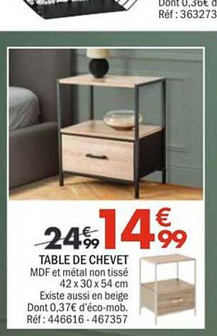 TABLE DE CHEVET MDF et métal non tissé 42 x 30 x 54 cm